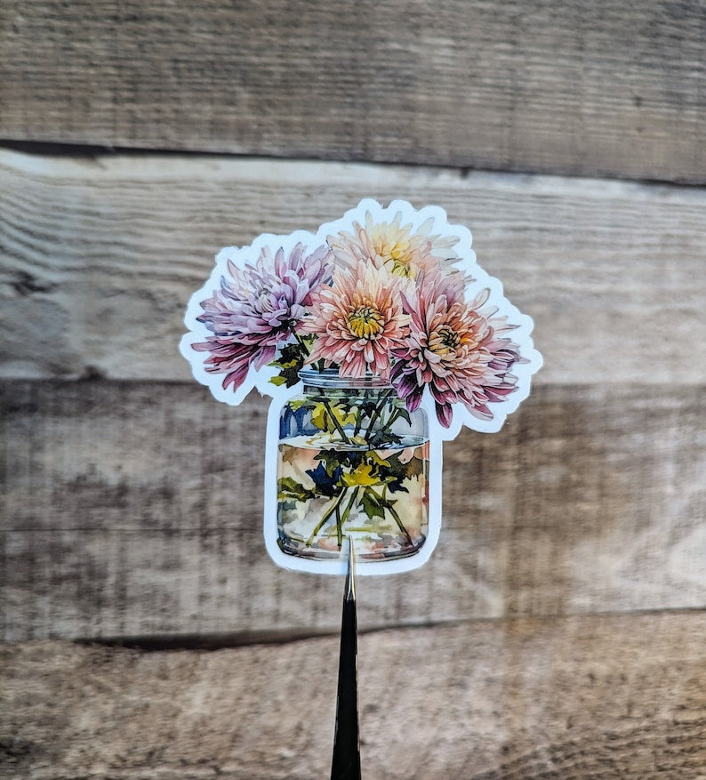 Chrysanthemum in Vase Waterproof Vinyl Sticker, chrysanthemum Sticker