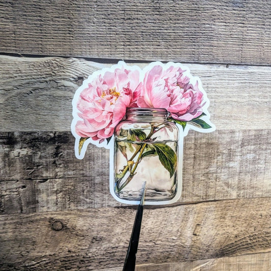 Peonies in Vase Waterproof Vinyl Sticker, Peonies Sticker