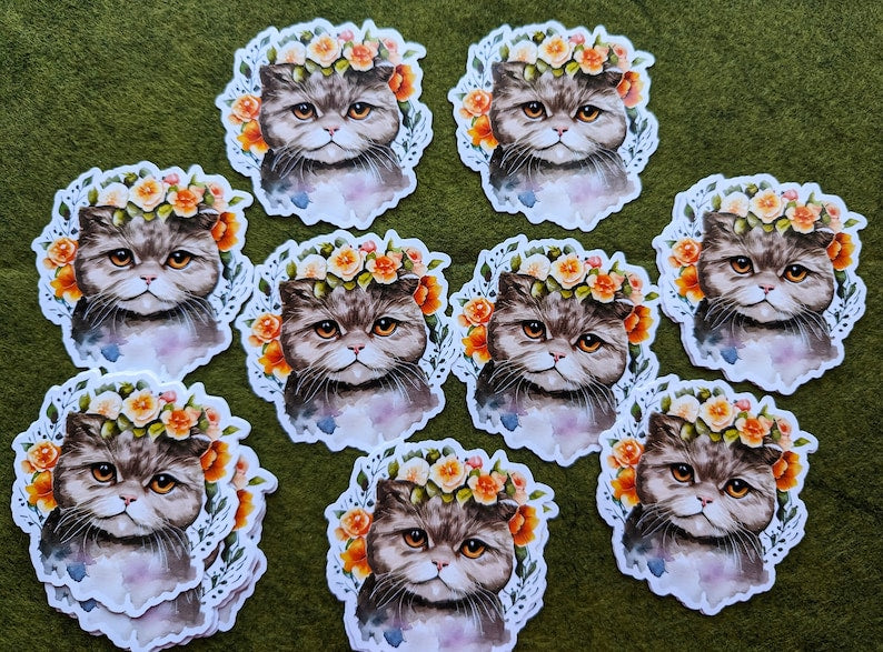 Cute British Cat Flowers Waterproof Vinyl Stickers