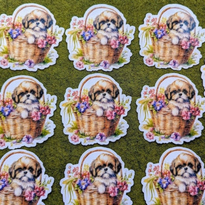 Shih Tzu Dog in Floral Woven Basket Waterproof Vinyl Stickers