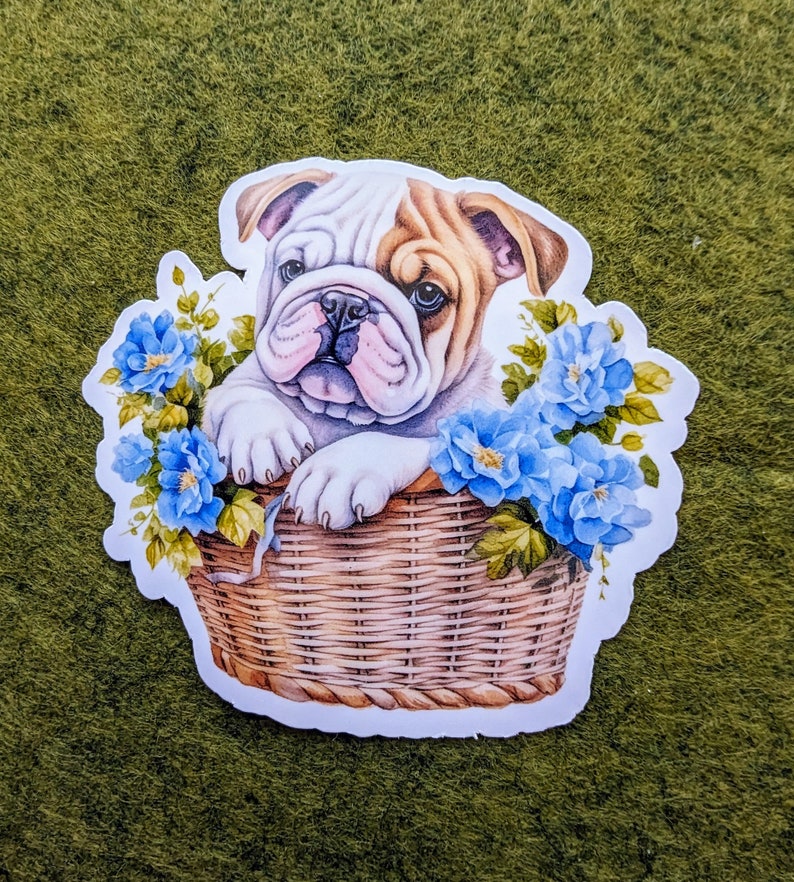 Bulldog in Floral Woven Basket Waterproof Vinyl Stickers