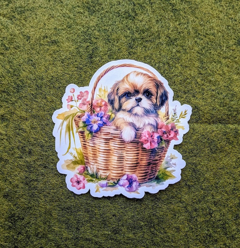 Shih Tzu Dog in Floral Woven Basket Waterproof Vinyl Stickers