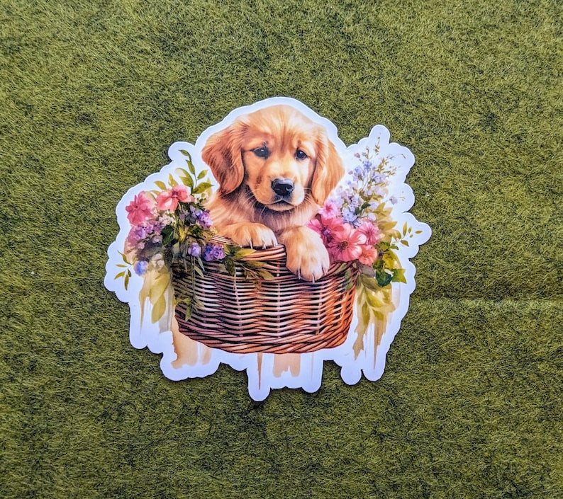 Golden Retrieve Dog in Floral Woven Basket Waterproof Vinyl Stickers