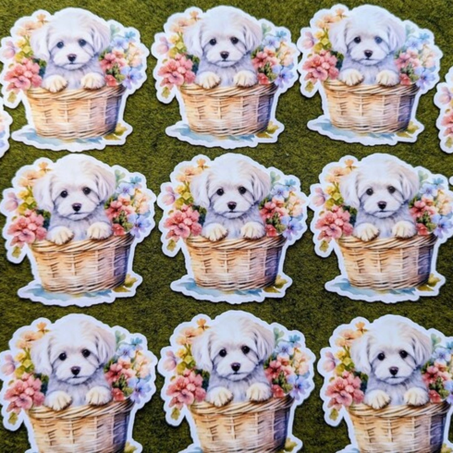 Maltese Dog in Woven Basket Waterproof Vinyl Stickers