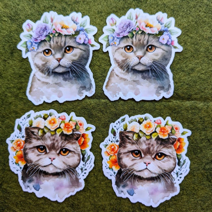 Cute British Cat Flowers Waterproof Vinyl Stickers