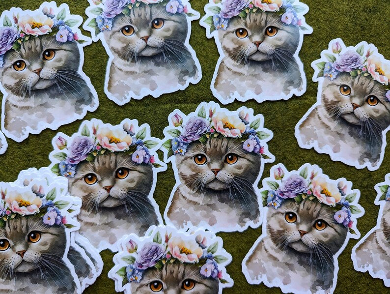 Cute British Cat Flowers Waterproof Vinyl Stickers