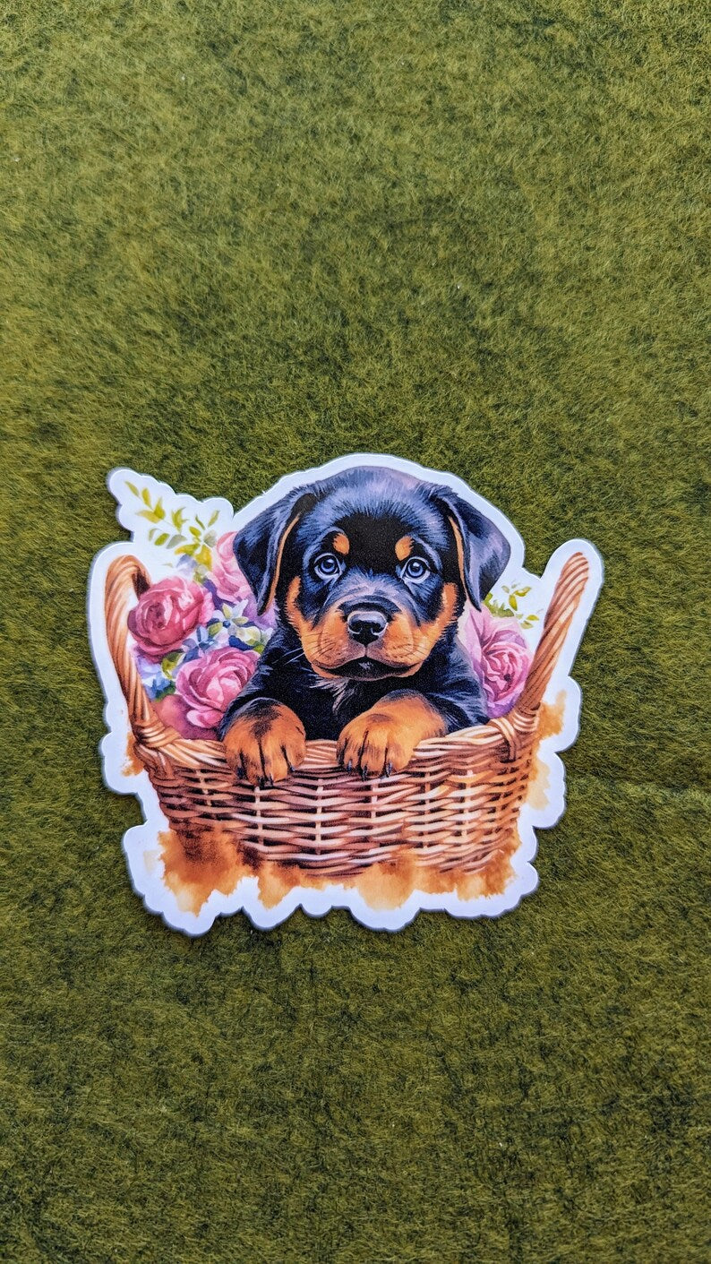 Rottweiler Dog in Floral Woven Basket Waterproof Vinyl Stickers