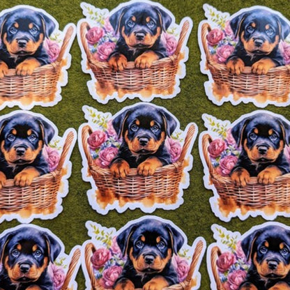 Rottweiler Dog in Floral Woven Basket Waterproof Vinyl Stickers