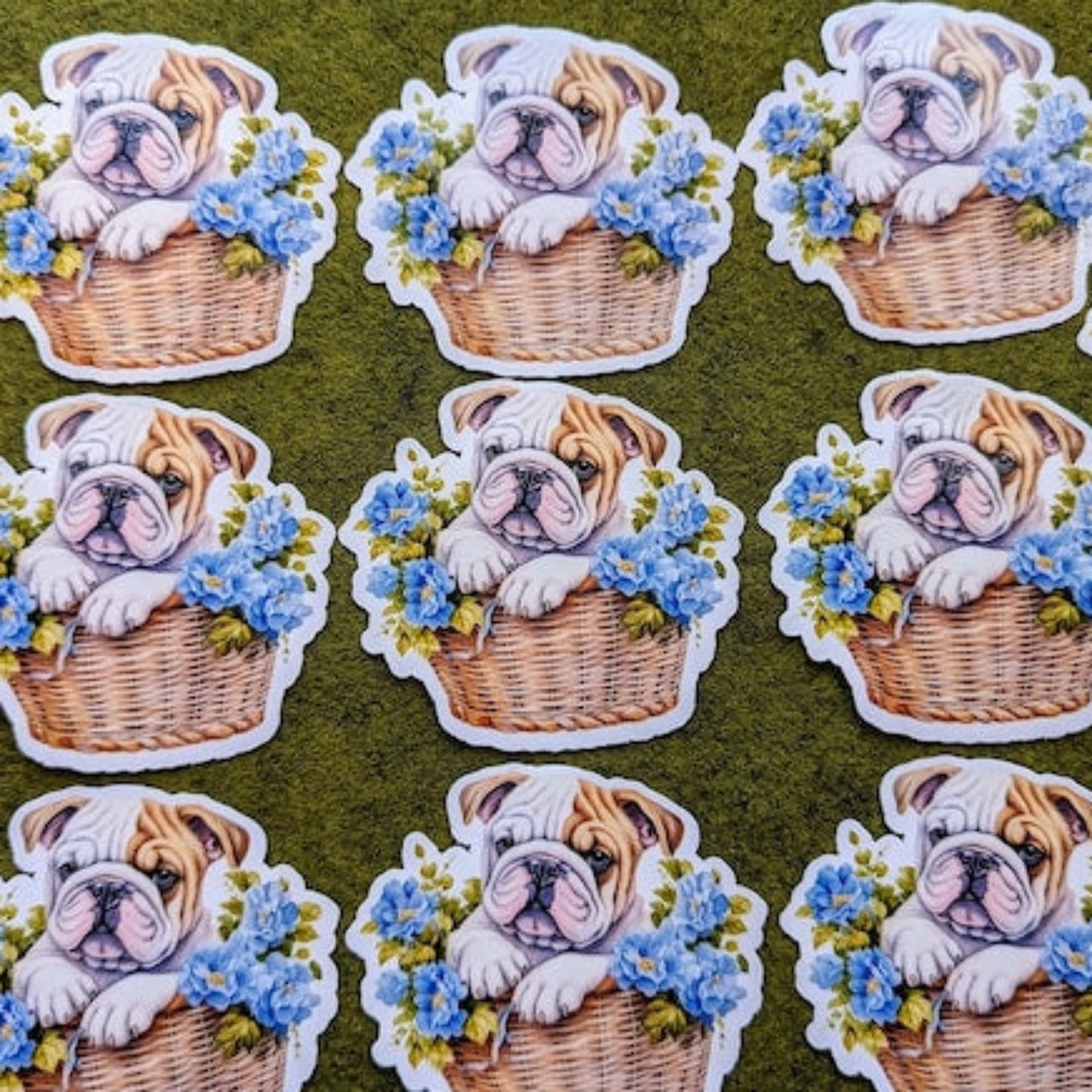 Bulldog in Floral Woven Basket Waterproof Vinyl Stickers