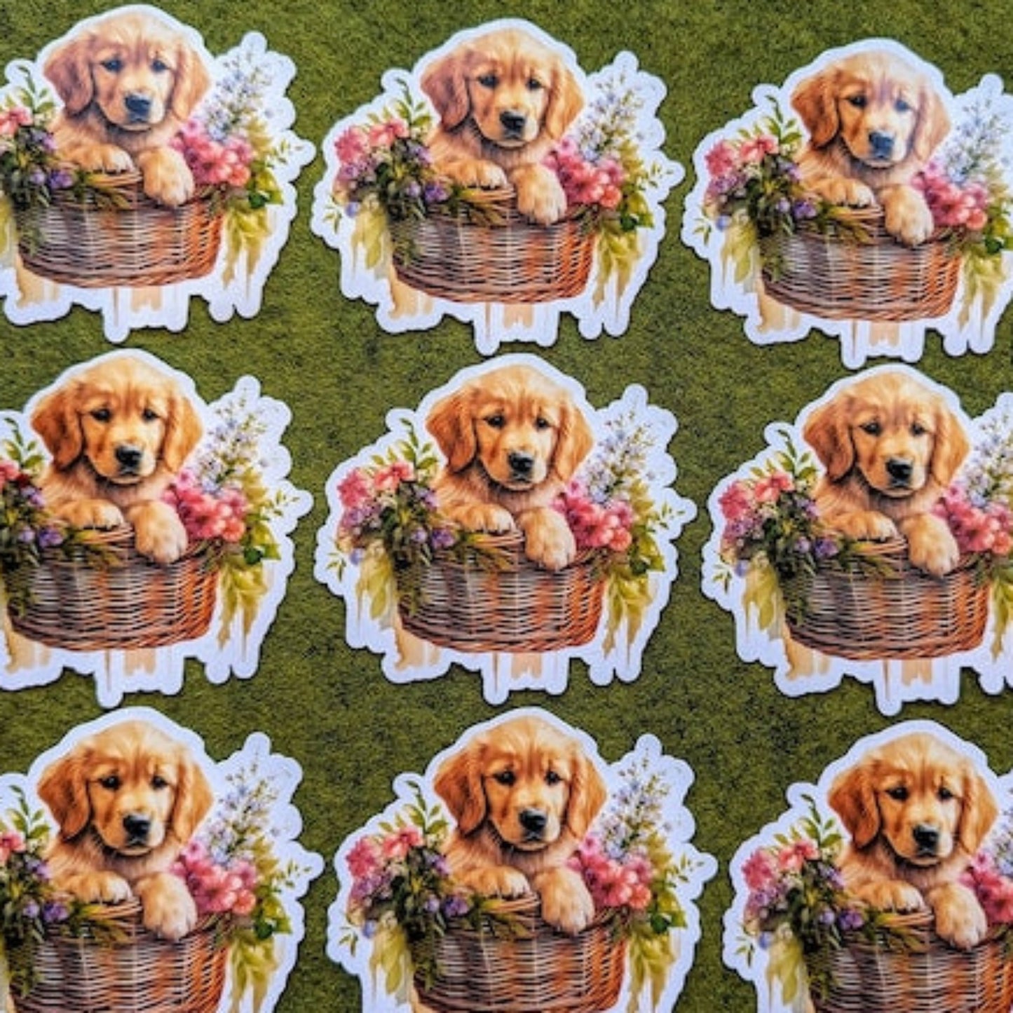 Golden Retrieve Dog in Floral Woven Basket Waterproof Vinyl Stickers