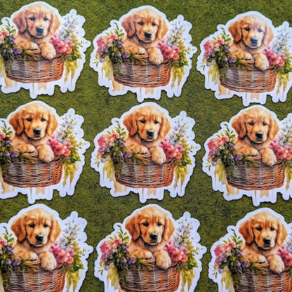 Golden Retrieve Dog in Floral Woven Basket Waterproof Vinyl Stickers