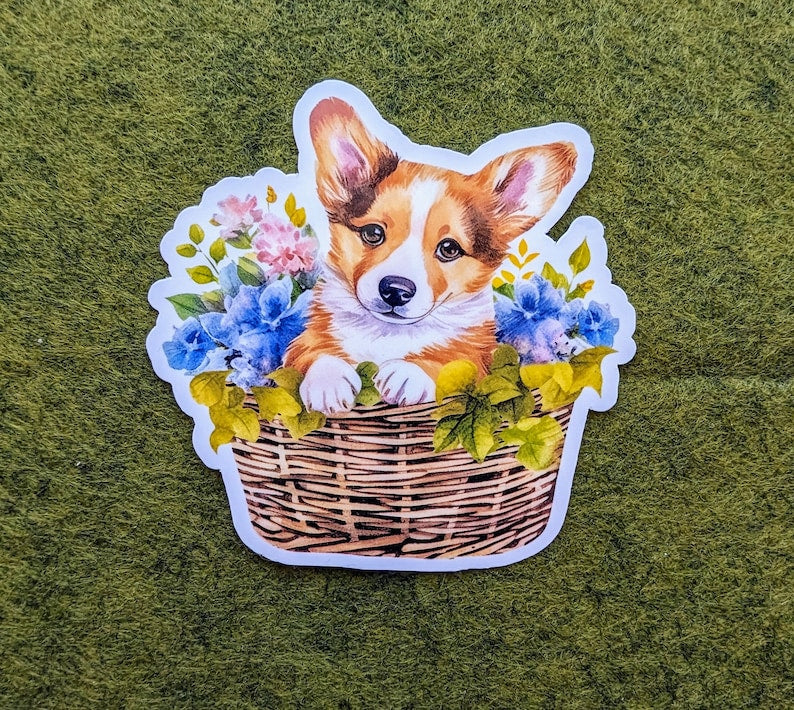 Pembroke Welsh Corgi Dog in Floral Woven Basket Waterproof Vinyl Stickers