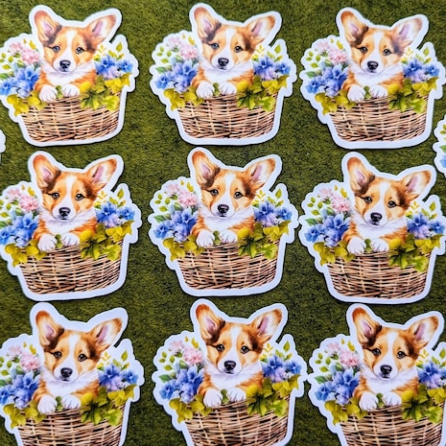 Pembroke Welsh Corgi Dog in Floral Woven Basket Waterproof Vinyl Stickers