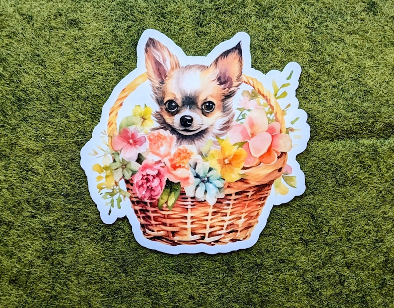 Chihuahua Dog in Floral Woven Basket Waterproof Vinyl Stickers