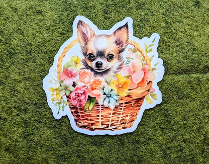 Chihuahua Dog in Floral Woven Basket Waterproof Vinyl Stickers