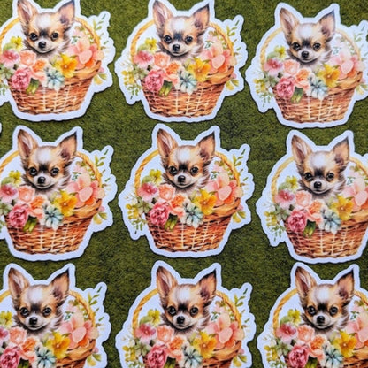 Chihuahua Dog in Floral Woven Basket Waterproof Vinyl Stickers