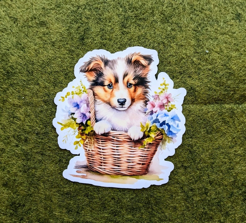 Shetland Sheepdog in Woven Basket Waterproof Vinyl Stickers