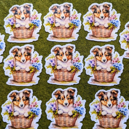 Shetland Sheepdog in Woven Basket Waterproof Vinyl Stickers