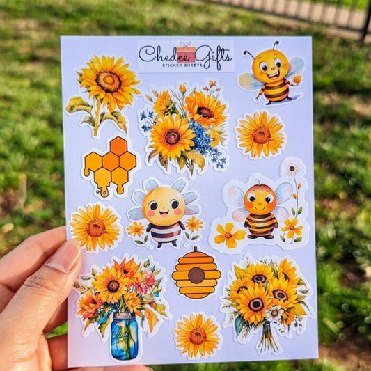 Sunflower & Bee Sticker Sheet, Planner sticker, Journal Stickers