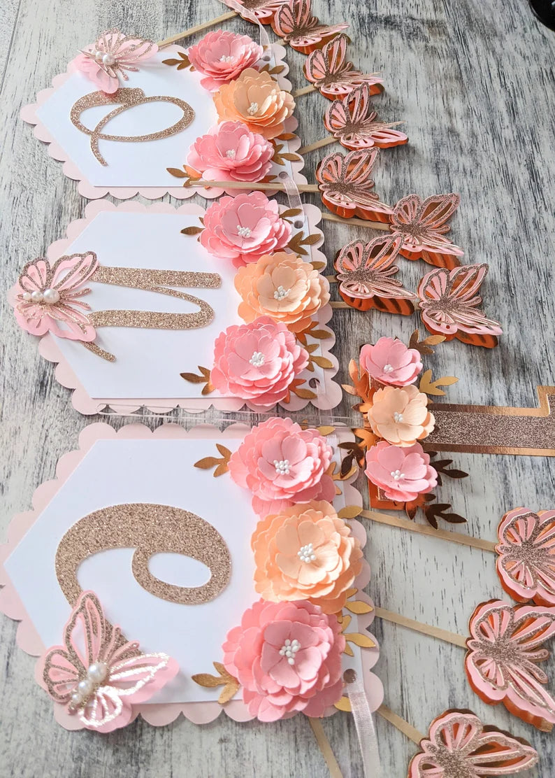 Personalized Pink & Peach Floral First Birthday Banner