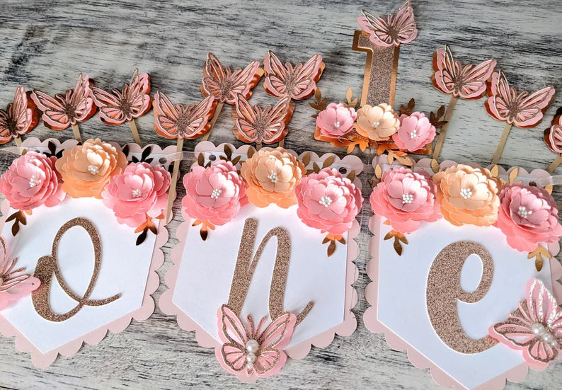 Personalized Pink & Peach Floral First Birthday Banner