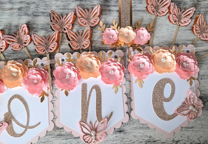 Personalized Pink & Peach Floral First Birthday Banner