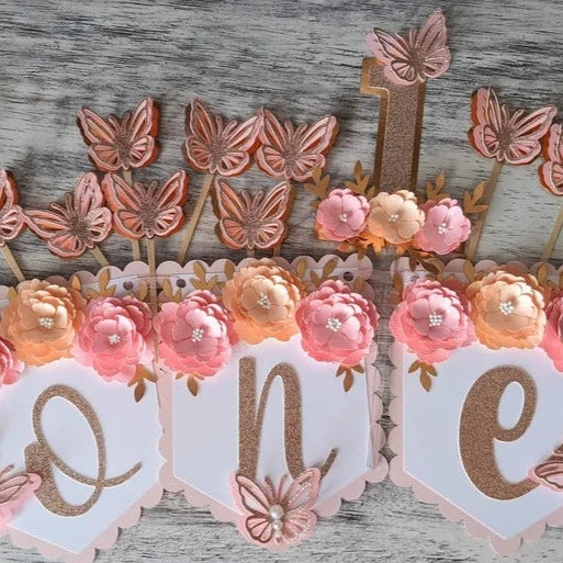 Personalized Pink & Peach Floral First Birthday Banner