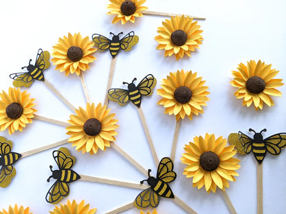 Set Of 6 Bee/Sunflower Theme Cake Toppers