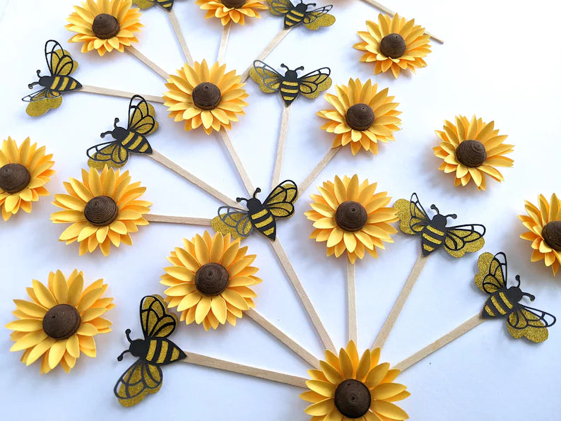 Set Of 6 Bee/Sunflower Theme Cake Toppers