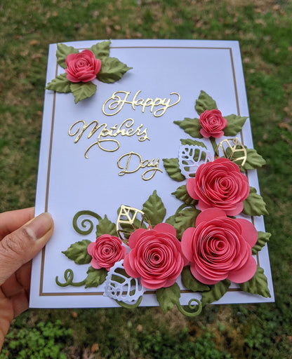 3D Pink Rose Mother's Day Quilling Card- Handmade