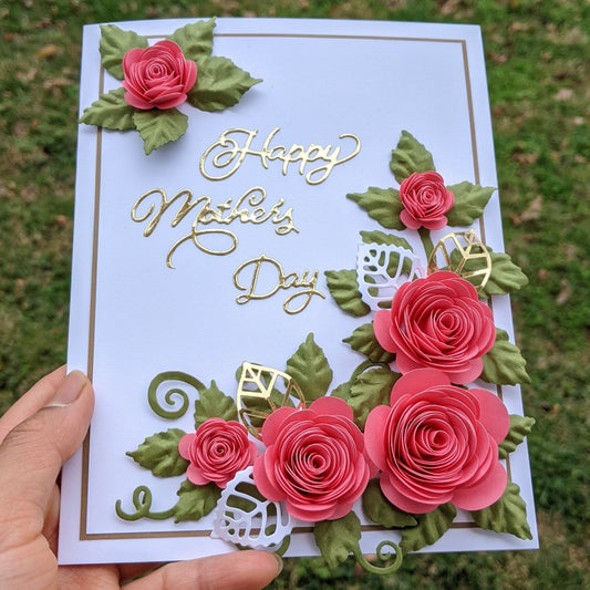 3D Pink Rose Mother's Day Quilling Card- Handmade