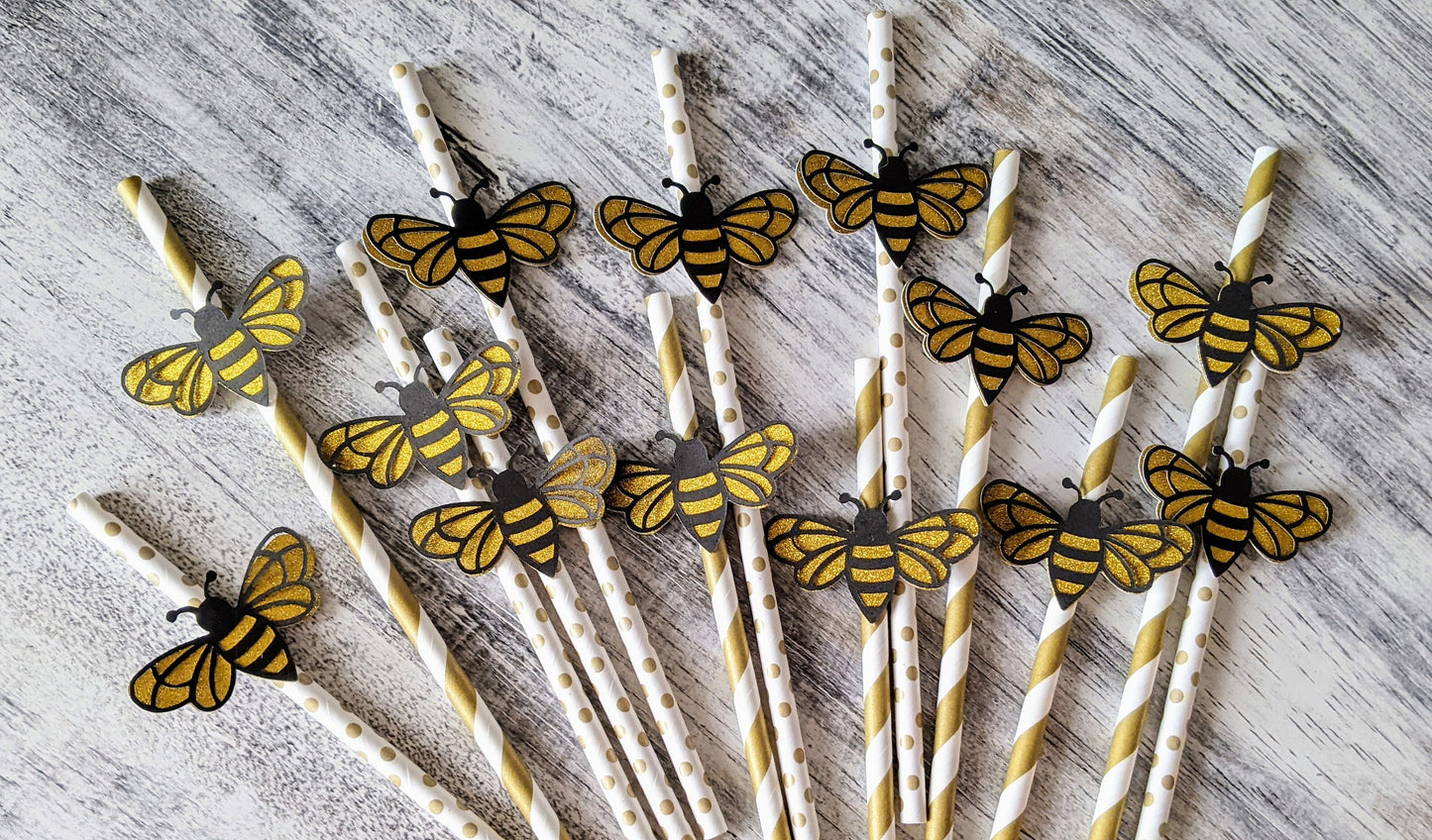 Set of 12 Bumblebee Paper Straws- Bee Theme Party-Handmade