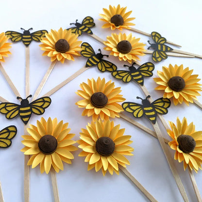 Set Of 6 Bee/Sunflower Theme Cake Toppers