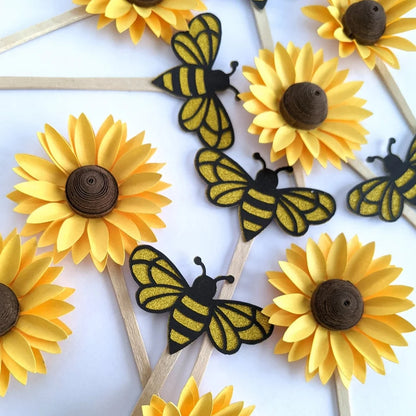 Set Of 6 Bee/Sunflower Theme Cake Toppers