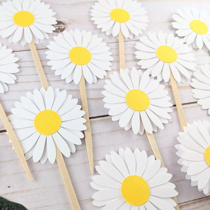 Set of 24 Daisy Cupcake Toppers -Food Picks - 2" Daisy Toppers (White)