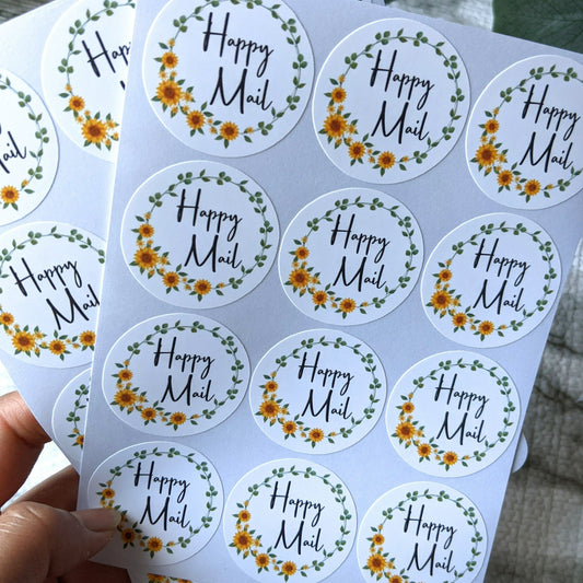 Sunflower Happy Mail Sticker 1.5" Diameter